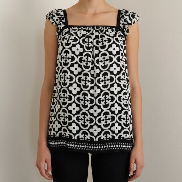 Women’s Black and Cream Patterned Square Neck Blouse | Size Small - Picture 1 of 8